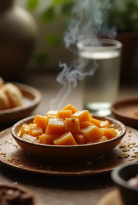 Make a thumbnail in which hot brown Indian halwa is put on table and some glass of water is near in kitchen but every thing is blur only halwa is visible and all focus on halwa 