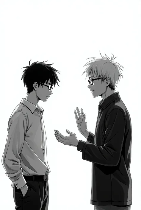 Black and white comic scene , Young man wearing glasses saying goodbye to his father, ANIME STYLE
