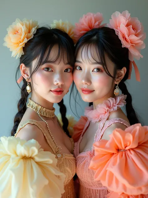 real photograph, 2 japanese girls in j-pop idol costume poses for a photo, tumblr, gorgeous lace bra model, ultra-realistic cute girl inspired by gravure idol,