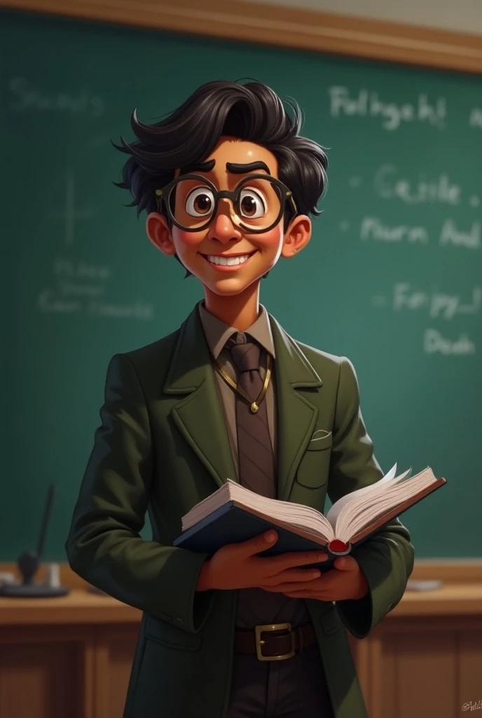 a professor, Indian hair , dark-skinned,  with a mole on his chin , glasses, Chinese eyes, At the front of the board with a book in hand and animated