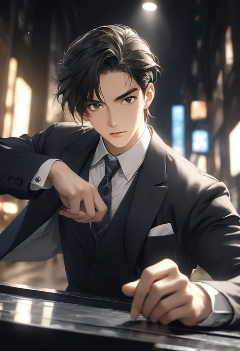 anime. handsome asian male in 30s,man in suit,strong shoulder width, human,boyish hairstyle, gentleman style,a cool expression, ...