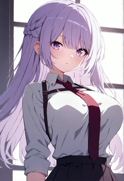 Anime girl with light lilac hair purple eye white shirt with red tie black skirt medium size breast 