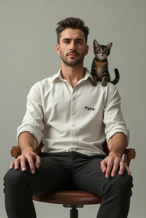 A man sitting on a chair with a white shirt and have a name PYRO printed on her shirt and have a cat on her shoulder