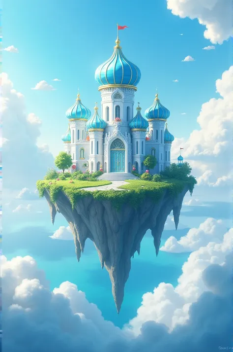 A dreamy white blue Castle floating on an island in the sky with flower and a lush green surrounding it, ocean