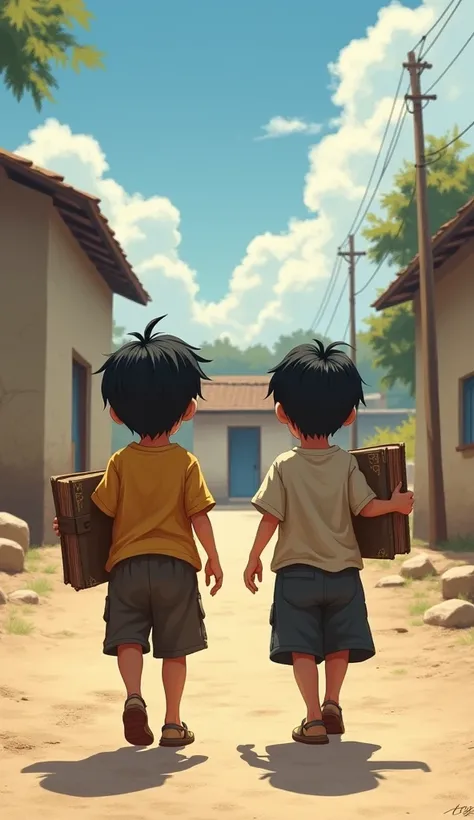 Prompt: "Two small ren, walking down a dusty village road toward school. They are carrying old, torn books and wearing simple, worn-out clothes. The school is a basic building in the background, and the ren look determined but lack proper resources. The sk...