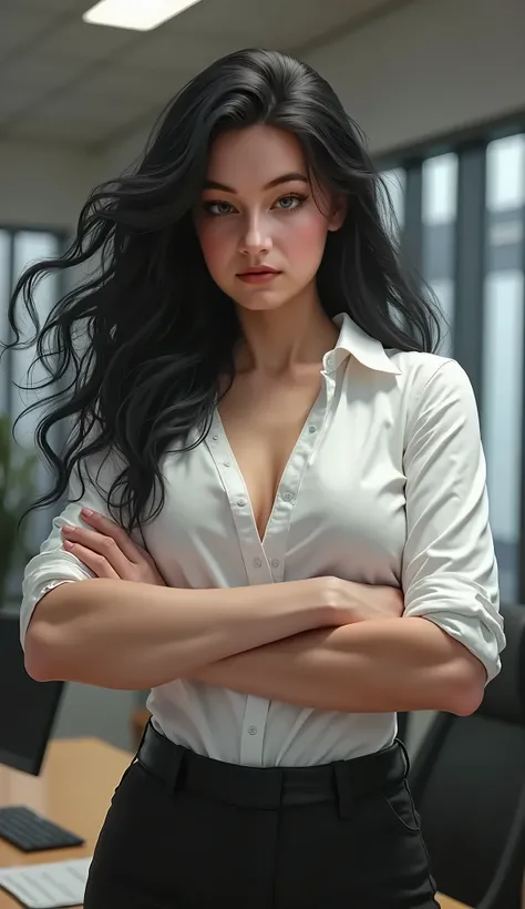 Woman with muscular arms, fitted white shirt, black hair, White skin, crossed arms, attractive, high, intimidating look, office background 