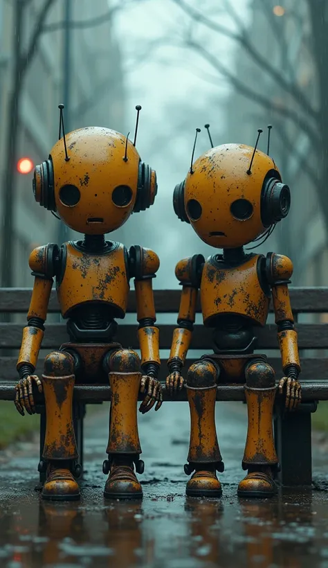 Two sad robots sitting on a park bench during rain, rusty parts and elements, (best quality,4k,8k,highres,masterpiece:1.2),ultra-detailed,(realistic,photorealistic,photo-realistic:1.37),HDR,UHD,studio lighting,ultra-fine painting,sharp focus,physically-bas...