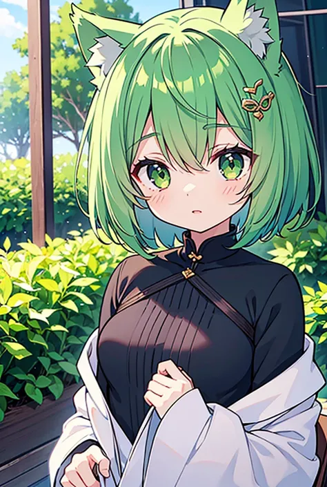  High Resolution, masterpiece, Sarashina Ryuka, short hair, green hair, (alone),  1 girl , cute, internal,  detailed eyes , (green eyes) Wolf Ears ,  Bow Hair Adornment, 