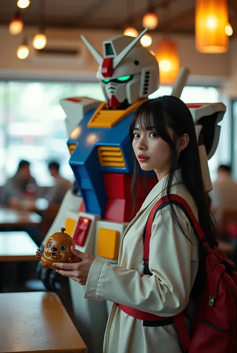 live-action、Real、Gundam&#39;s Armor、The official colours are white, red, blue and yellow、Shiny texture、Very beautiful Japanese girl、Black Hair、Long Hair、Hime cut、Gundam Helmet、Gundam Backpack、Dynamic pose, holding danbo figure, restaurant, masterpiece、Best...