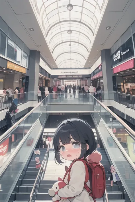 An illustration of a young girl, (holding big stuffed toy:1.1),,(panicking:1.2) ,in  busy shopping mall,(Glancing Elsewhere:1.3), (tearful:1.2), and they are clutching a small toy or backpack,The background features a crowded mall with shops, escalators, a...