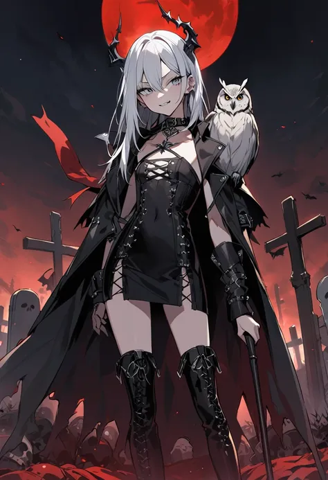 Hd, masterpiece, whole body, 18 years old, white hair, white eyes, smirking, she was holding a walking stick made from goat bones in her left hand, skinny, black short cape, mini black dress, long black stocking, high boots punk rock gothic, black crystal ...