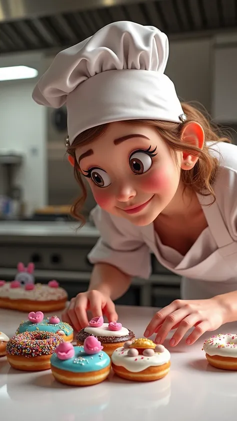 Pastry maker making Disney style pastry donuts with white background