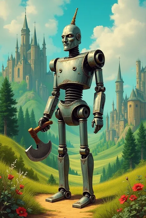 The Tin Woodmanstands with an axe in his hand tall against the background of the Emerald City, a pulp-style illustration made with colored pencils and ink