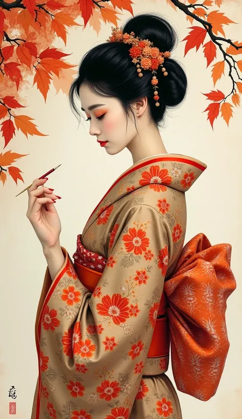 Japanese painting drawn on Japanese paper ,  depicting a woman wearing a kimono with bold brushstrokes , Long, narrow eyes,  The kimono pattern is drawn in detail and with an ultra-fine brush, Flower pattern drawn in vivid colors on dark blue fabric, Autum...