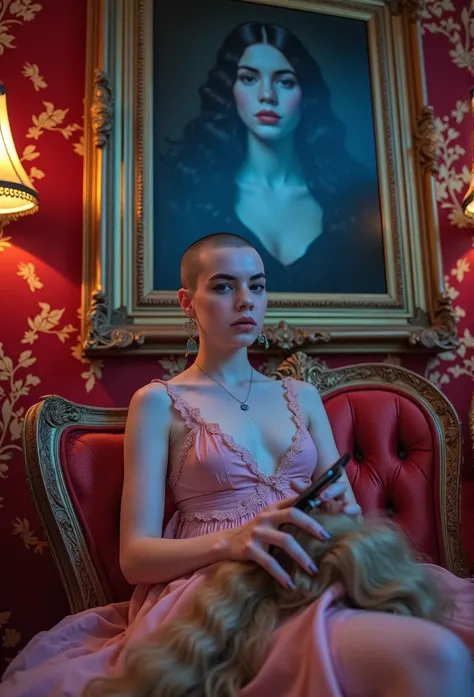 (She is visibly very aroused by the viewer and is anxiously excited looking at the viewer), the scene is a surreal, luxurious image of a woman sitting elegantly on a lavish, baroque-style couch with ornate golden carvings. She is dressed in a flowing, pink...