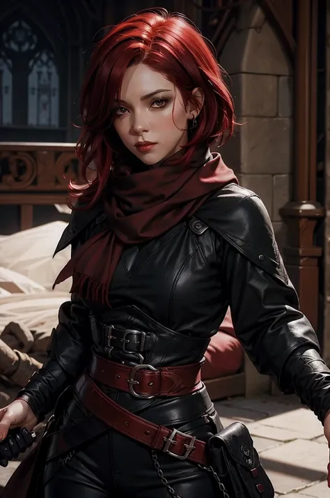 a thief gilr with short scarlet red hair, dressed in black medieval-style pants, black boots, and a white blouse. black and brow...