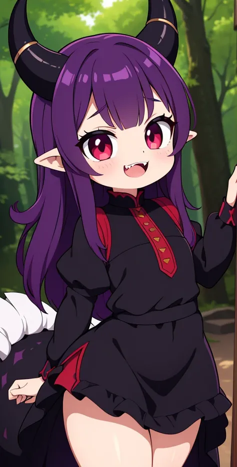 A Beautiful and small Girl, with Long Purple Hair, Expressive Red Eyes, and a Voluptuous Figure. Wearing a Classic Maid Outfit, with a White and Black Color scheme and accents of Gold. Mild-Closeup, striking a Cute Smile, Black Horns, Black Dragon Tail, Fo...