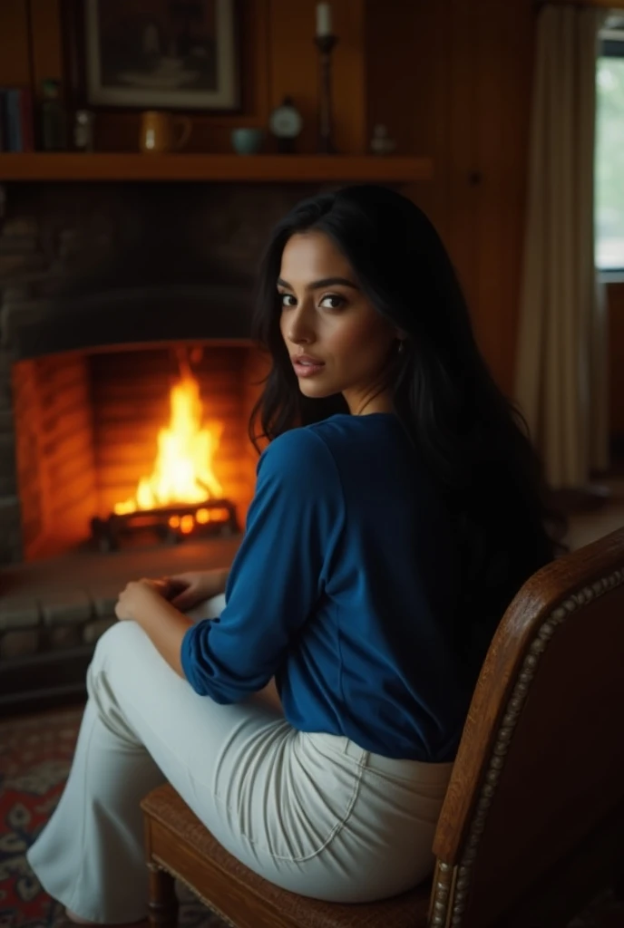  Professional photograph of a beautiful thirty-year-old Spanish woman with long black hair ,  large breasts dressed in a blue blouse and white pants sitting comfortably in an armchair in front of a burning fireplace,with his back to the viewer . furniture ...