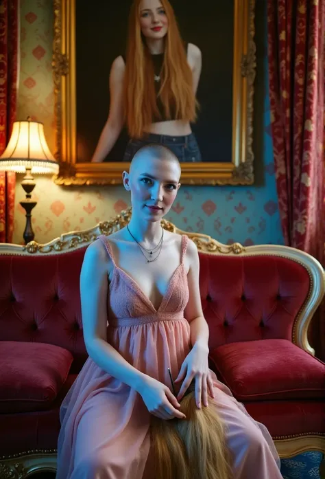 (She is visibly very aroused by the viewer and is anxiously excited looking at the viewer), the scene is a surreal, luxurious image of a woman sitting elegantly on a lavish, baroque-style couch with ornate golden carvings. She is dressed in a flowing, pink...