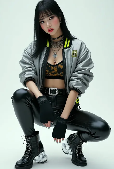 Realistic, long ,   Korean girl with straight black hair and deep black eyes , Wearing heavy makeup.  she has a unique K-pop hip-hop style Shes dressed ,  wears a metallic silver bomber jacket with intricate embroidery and neon accents. Lower side,  Shes w...