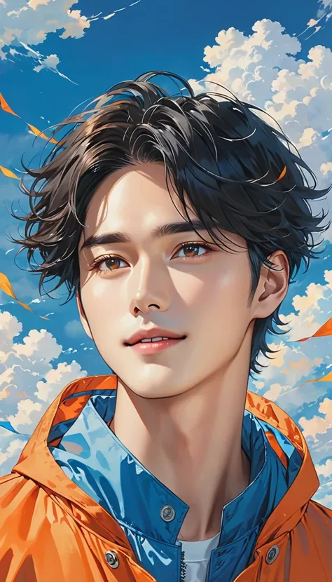 masterpiece, best quality, Stills, 1 Boy Lee Dong-wook, Floating in the air, cloudy boy Lee Dong-wook, Wearing a Orange Parka coat , cloud, (close up:1.1), bright, Happy, pleasure, , Soft Vivid Blue lightin, (Bauhaus, White wind, Blue cloud:1.1)