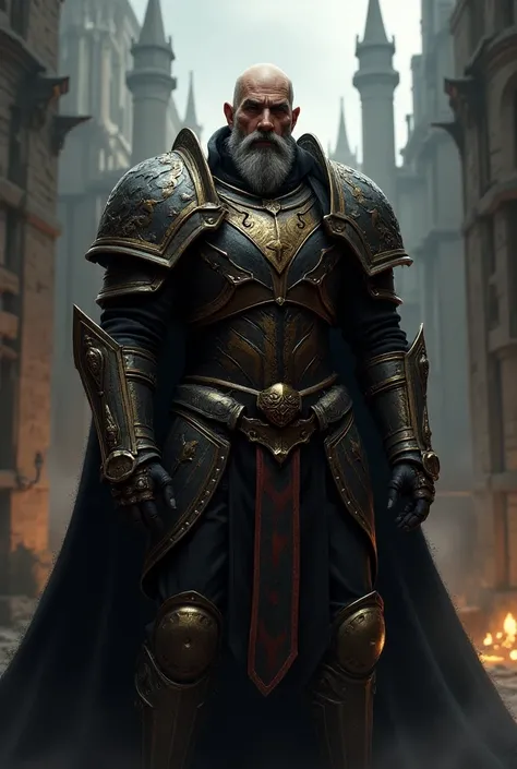 man.
calvo.
with armor.
 The background of the portrait is a Gothic city. 
Warhammer 40000 art and design. 

