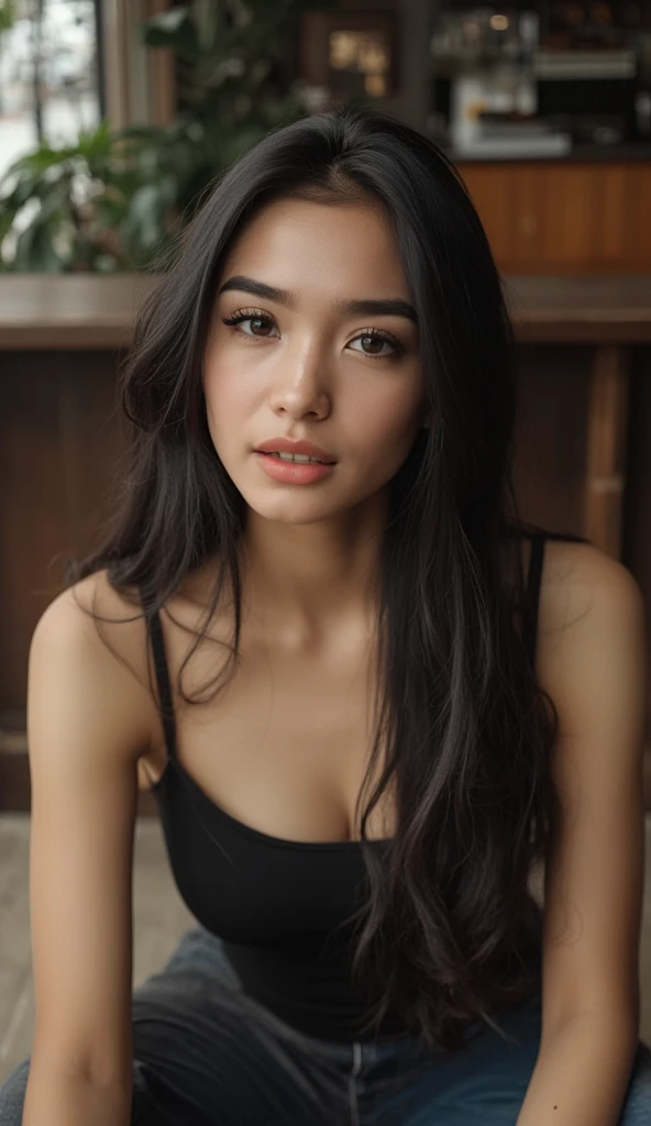 araffe woman with black hair and a black top sitting on a bench, she is wearing a black tank top, gorgeous face, beautiful girl,...