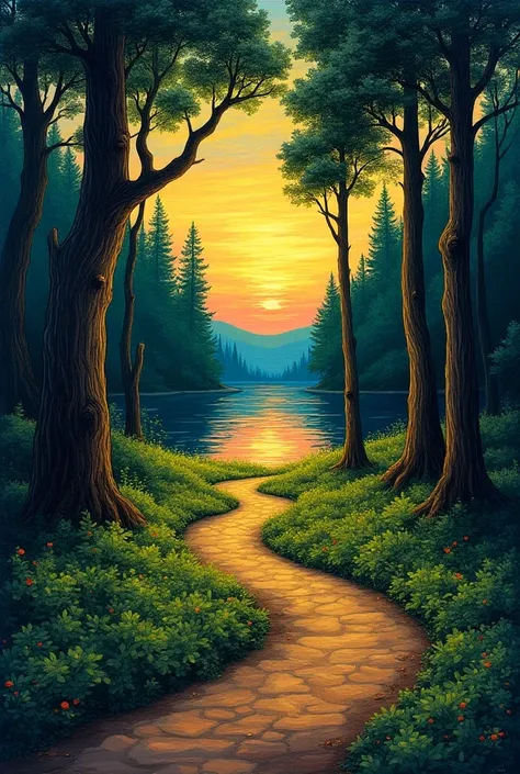 Generate an image of a serene forest at sunset in the style of Vincent van Gogh, using bold brushstrokes and vibrant colors. Make sure to include a winding path, tall trees, and a calm lake in the composition."