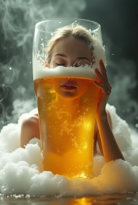 A hyper-realistic, highly detailed image of a beautiful young woman bath in a large glass of ice-cold beer, surrounded by foam. Both of her arms are resting at the rim of the large glass, and her face is serene and lovely. Water droplets cover the sides of...