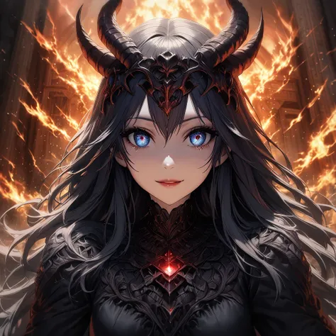 1 girl, beautiful detailed eyes, beautiful detailed lips, extremely detailed eyes and face, long eyelashes, smiling with tears, looking at camera, temple of God burning in background, devils jumping near temple, detailed cinematic lighting, highly detailed...