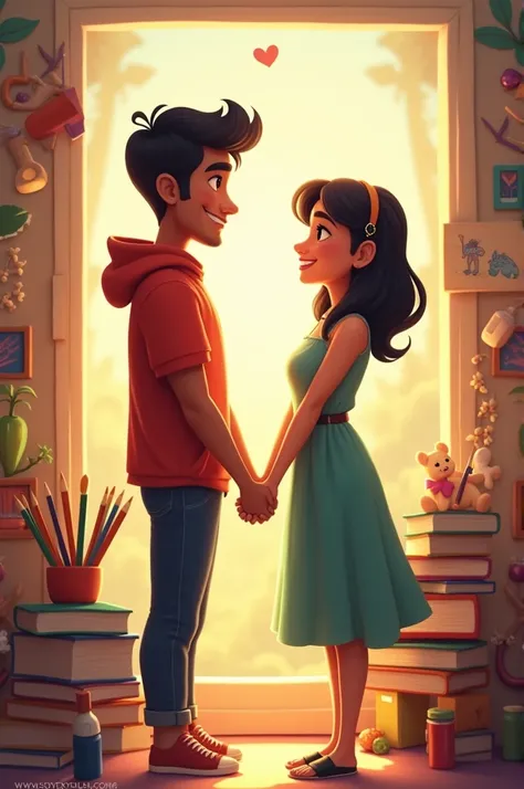 Dev and Srijana together, smiling and holding hands, surrounded by art supplies and books, ready to embark on their journey. They are excited about their future together.