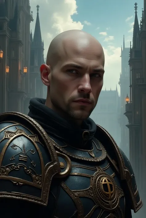 man.
calvo.
Without Beard.
with armor.
The well-lit face.
 The background of the portrait is a Gothic city. 
The sky is fantasy.
Warhammer 40000 art and design. 

