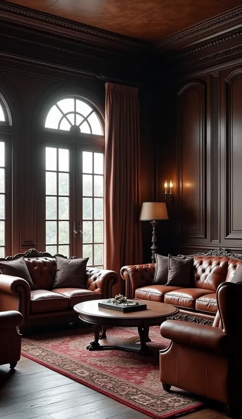 Generate an exceptionally realistic image portraying westernish gothic living room with an unparalleled level of lifelike detail. Prioritize authenticity by meticulously replicating textures, colors, and lighting conditions. Pay meticulous attention to sub...