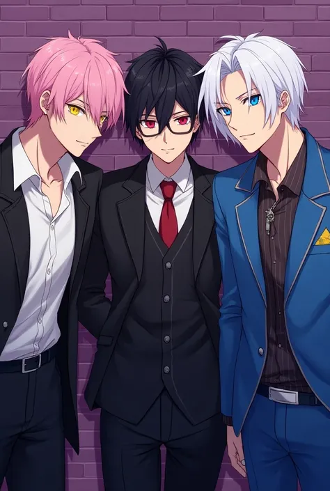 The three men wearing cute suits, anime style, the left man pink hair, yellow eyes, the middle man, black hair, red eyes, the right man, white hair, silver, blue eyes, purple brick background, cool sunsay shop logo.