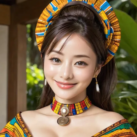 ((Best Quality)), ((masterpiece)), (detailed), （ perfect face）,The woman with dark brown skin wears an African national costume and ties her hair in Ishihara Satomi, a dark-brown African with excellent proportions and big breasts、The woman is smiling gentl...