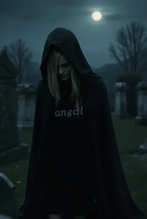 blonde woman with head down wearing black cape covering her head, Black shirt written with the word angel in lowercase letters, Standing in the cemetery at night