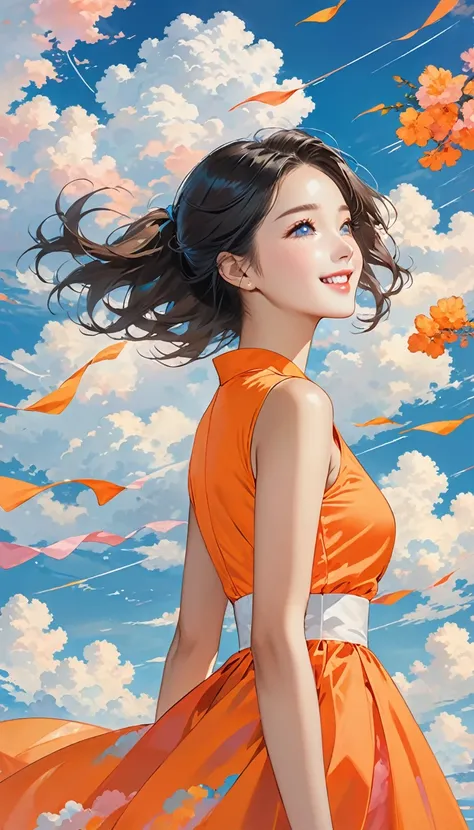 masterpiece, best quality, Stills, 1 Girl Kim Tae-ri, Floating in the air, cloudy Girl Kim Tae-ri, Wearing a orange Cocktail Dress, cloud, (close up:1.1), bright, Happy, pleasure, , Soft Vivid Pink lightin, (Bauhaus, White wind, Blue cloud:1.1)