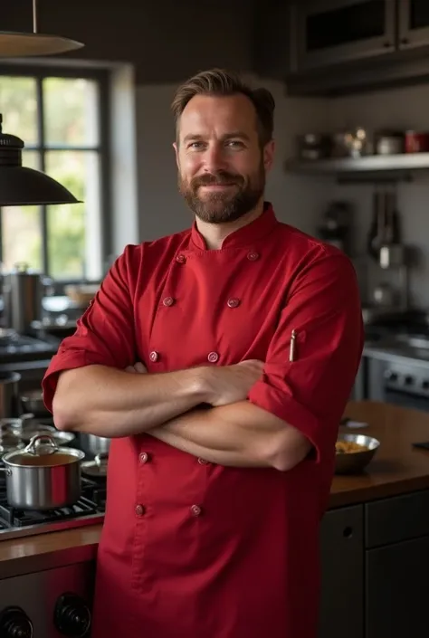 
{ "prompt": "Un portrait détaillé dun chef de 45 ans nommé M. Rebeche. Il a une barbe soigneusement taillée et un physique légèrement rond et ventru. Il porte une veste de chef rouge frappante avec des boutons en laiton, qui contraste avec son expression ...