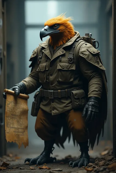  A marculino brown condor standing like a human, strong and fierce, wearing a military war jacket, and holding a military map ,  inside a military war tank,  sitting inside the tank as in the movie  "fury"  - blurry cyberpunk-style background .