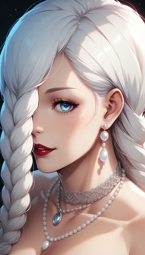 score_9, score_8_up, score_7_up, score_6_up, score_5_up, score_4_up, mei mei , blue eyes, white hair braid, huge breast, necklace,long pearl earrings ,red lipstick , detailed eyes ,navel piercing , wearing gown with intricate patterns and designs, 