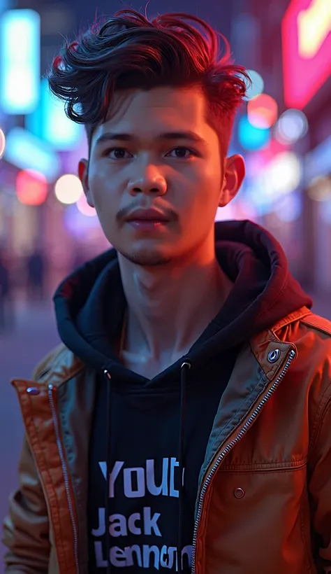 youngster , handsome, , with Youtube background, with a gamer style jacket and that on his jacket says Jack Lennon 