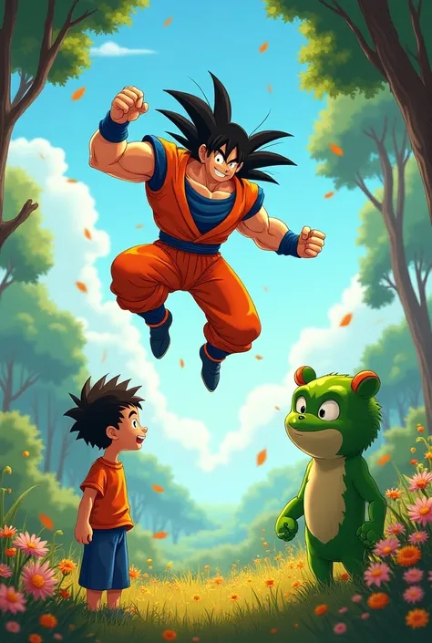  Create a vibrant illustration for a superhero story featuring Fher,  a  boy with short hair and a shiny t-shirt ,  smiling as he watches Goku ,  a powerful superhero with barbed hair and an orange suit , flying in the sky.  The scene should be set in a ma...