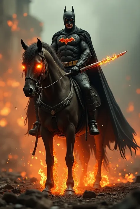 Batman all torn on top of a horse ,  in the apocalypse all bloody the horse with the eyes of fire and the Batman with the sword of fire 