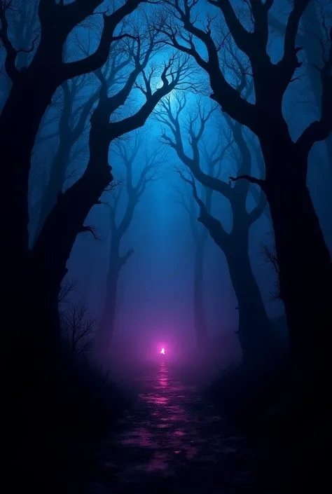  create a frame for YouTube a forest that is scary, in neon blue and fuscia colors ,black and that says well written  " stories not to sleep  "