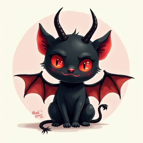 "Design a simple, hand-drawn devil character in a whimsical, flat style. The head should be a clean black circle with red, foggy eyes that emit a mischievous, eerie vibe. Add a sharp red smirk reminiscent of the sly, unsettling grin from the Alice in Wonde...