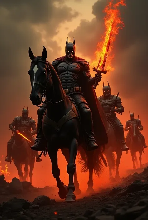 Batman all torn on top of a horse , In the apocalypse all bloody the horse with the eyes of fire and the Batman with the sword of fire with the knights of the apocalypse behind him 