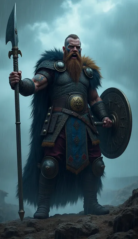 Imagine uma cena intensa e poderosa com um guerreiro viking ou berserker. O guerreiro tem cabeça de leão e deve ter uma juba longa, selvagens e desgrenhados, e seu rosto deve exibir pintura de guerra feroz em tons de azul, simbolizando sua prontidão para a...