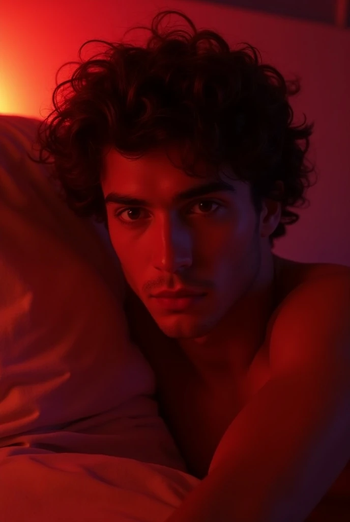 A handsome young colocho lying on a bed showing only the look of his face without a shirt
Laid with red LED lights 

