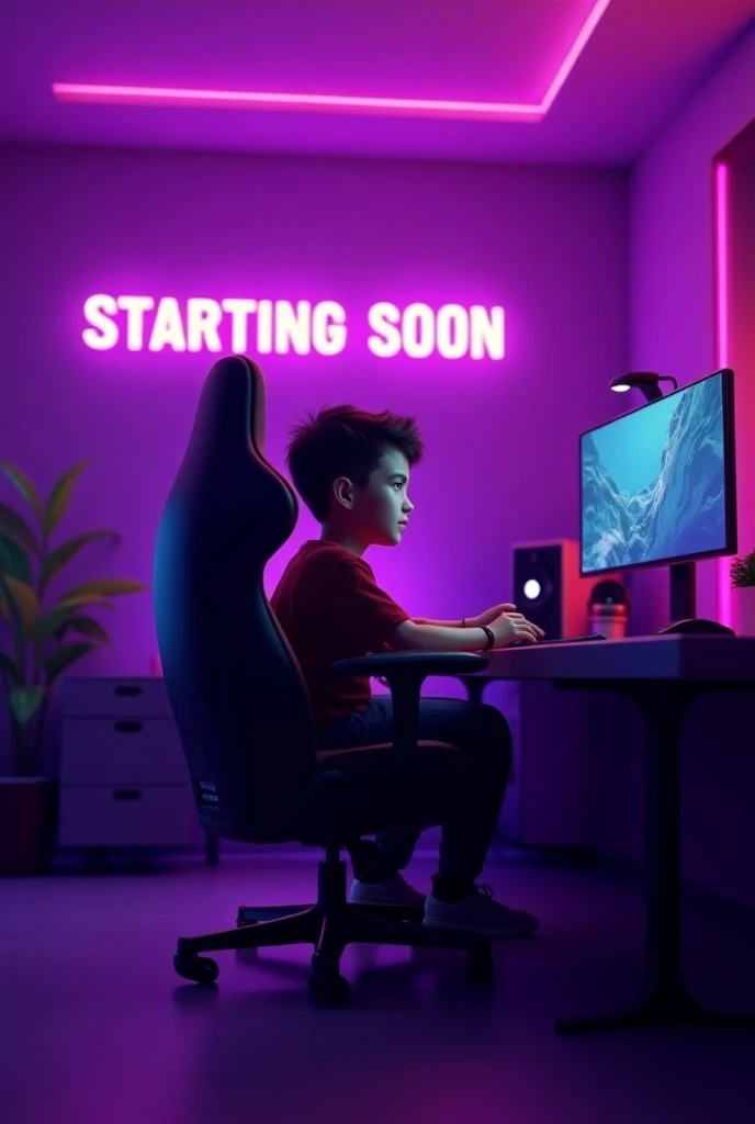 generate a proper 3D model gaming room screen for streaming and include this things mostly "use only purple and black color, and must a young boy sitting on chair, and and must include text of (starting soon) "