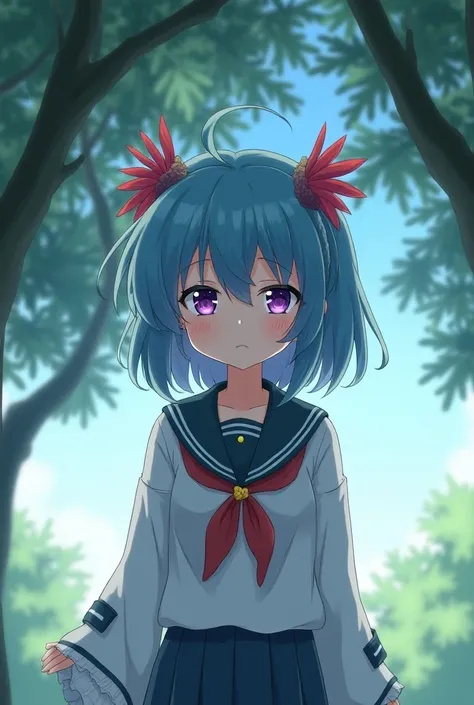 ( anime-style female character )+(appearance:purple eyes,  cyan head with red tufts ,flower-shaped pupils,light skin)+(Clothes:Japanese-style school uniform )+(pose:  worried standing under a tree)